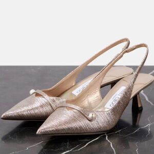 Jimmy Choo Amita 50 Silver Sling Back Pearl Heels